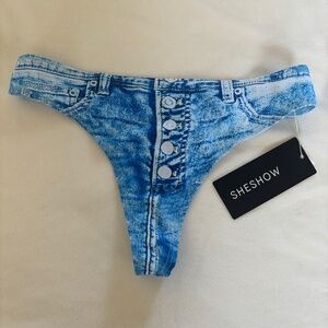 SheShow Bikini Bottom Thong Blue Jeans Denim Cut Offs Look Women's Size S NWT